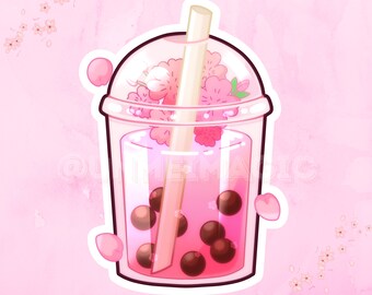 May include: A pink bubble tea with tapioca pearls and cherry blossoms, topped with a straw, in a clear plastic cup with a pink lid.
