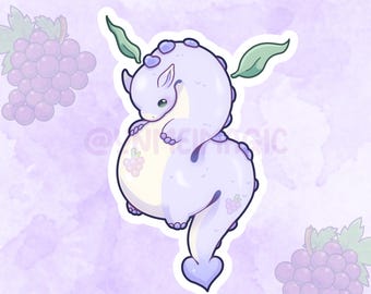 Puede incluir: Un dragón de dibujos animados morado y blanco enroscado con su cola en la boca. El dragón está rodeado de uvas moradas.
