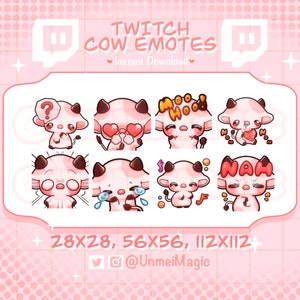 Chibi White Cow Strawberry Cottagecore Emotes | Twitch & Discord Emotes | Youtuber | Streamer Emotes | Kawaii emoticons | stream assets
