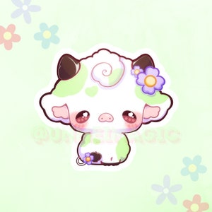 Puede incluir: Una ilustraci&oacute;n de dibujos animados de una vaca blanca con manchas verdes y una flor morada en la cabeza. La vaca tiene ojos grandes y una nariz rosa. El fondo es de color verde claro.