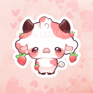 Kawaii Fluffy Strawberry Cow Sticker | cow stickers | Adorable stickers | Kiss cut stickers | pastel sticker | kawaii stickers | cute