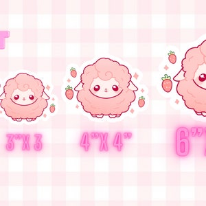 Puede incluir: Tabla de tallas para pegatinas de oveja esponjosa rosa con detalles de fresa. Las pegatinas est&aacute;n disponibles en cuatro tama&ntilde;os: 5 cm por 5 cm, 7,5 cm por 7,5 cm, 10 cm por 10 cm y 15 cm por 15 cm.