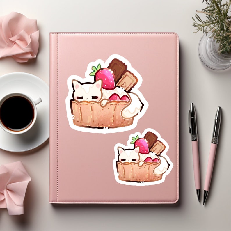 Strawberry Cat Tart Sticker Kawaii Cute Chibis Kiss Cut Stickers Chibi ...