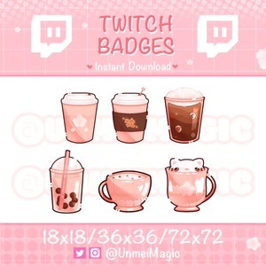 May include: Set of six pink and brown Twitch badges featuring various coffee and tea drinks. The badges are in the shape of cups and glasses with a variety of toppings. The text "TWITCH BADGES" is at the top of the image. The text "Instant Download" is below the text "TWITCH BADGES". The text "18x18/36x36/72x72" is at the bottom of the image. The text "@UnmeiMagic" is below the text "18x18/36x36/72x72".