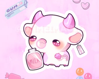 May include: A cartoon illustration of a pink and white cow holding a bottle of milk that says "MILK" on it. The cow has pink ears and a pink nose. There are pink hearts, candy, and gum in the background.