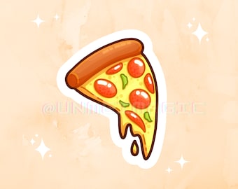 Può includere: Un'illustrazione di cartone animato di una fetta di pizza con pepperoni, peperoni verdi e formaggio. La pizza cola di formaggio e ha un contorno bianco.