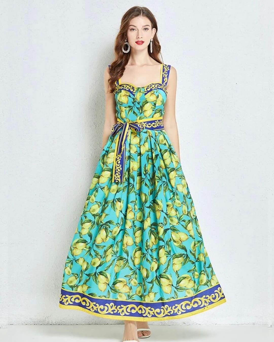 Italian Lemon Printed Maxi Dress, Cute Sicilian Dress, Dolce Vita Style