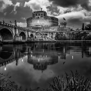 Castel Sant'Angelo / Bianco e nero / Roma / Italia / Belle arti / Paesaggio / Carta / Tela / Acrilico / Metallo