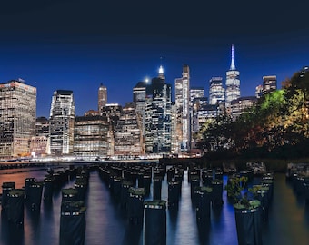 Brooklyn Bridge Cityscape Wall Art | NYC Night Photography of Manhattan Skyline and East River | Urban Landscape Canvas, Metal, Paper Prints