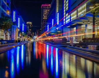 Houston Metro Light Trail Wall Art | Downtown Space City Astros Vibrant Canvas, Acrylic, Metal Prints