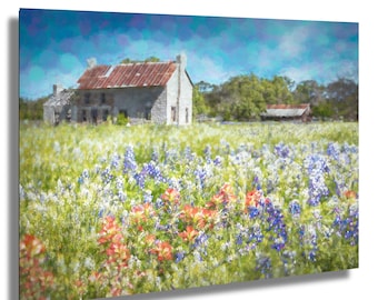 Lámina artística de Texas Bluebonnet House: Paisaje pictórico de la región montañosa.