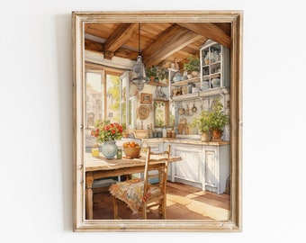 Gezellige aquarel afdrukbare muurkunst, landelijke keuken, cottage decor digitale download