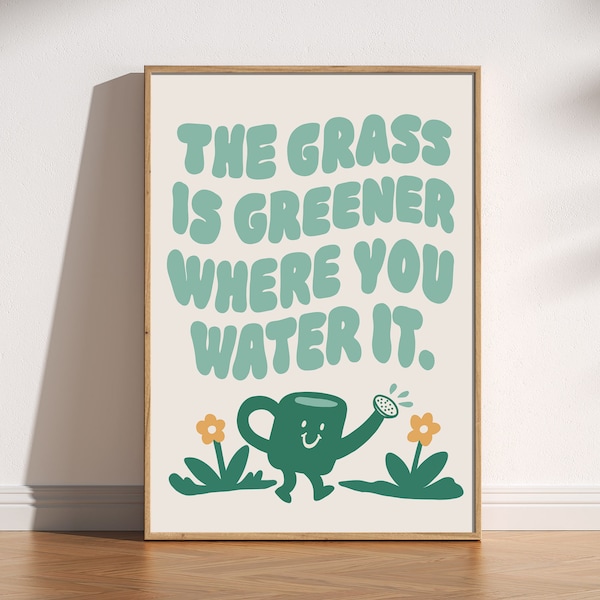 Grass is Greener Retro Wall Art Print, Digital Download, Printable Poster, 70s Inspired Oversized Apartment Decor