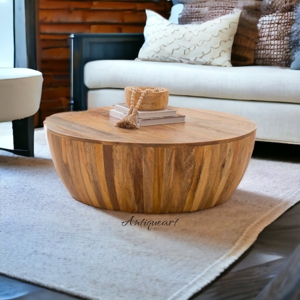 Wood Coffee Table/Drum Coffee Table/Round Handmade Coffee Table/Handcrafted Indian Minimalist Furniture/Solid Wood Center Table Living Room