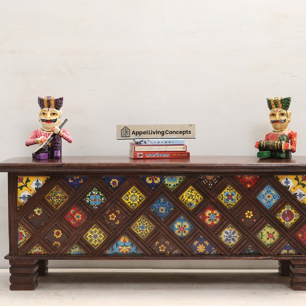 Reclaimed wood storage trunk with mosaic tiles named Frederica