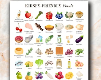 Könnte beinhalten: Ein druckbarer Leitfaden mit dem Titel "KIDNEY-FRIENDLY Foods" zeigt Illustrationen verschiedener Lebensmittel. Das Bild enthält Mandelmilch, Äpfel, Spargel, Paprika, Blaubeeren, Blumenkohl, Getreide, Kirschen, Hühnerbrust, Kabeljau und mehr.