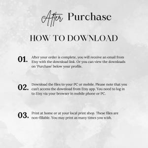 May include: A digital download guide with the text "After Purchase" and "How to Download." Instructions include downloading files to a PC or mobile device and printing at home or a local shop. The background is a watercolor wash.