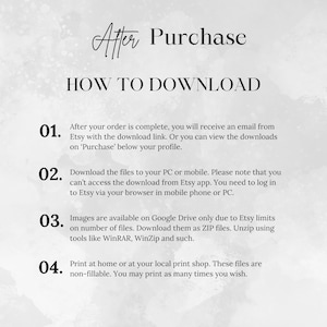 May include: A white background with black text explaining how to download digital files after purchase from Etsy. The text includes instructions on how to download files from Etsy, how to access files on Google Drive, and how to print files at home or at a local print shop.