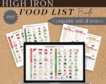 May include: A digital download bundle of printable high iron food lists and charts. The bundle includes a list of high iron foods, a food chart with iron levels, and a food chart with iron levels (continued). The bundle is compatible with all devices and is available in PDF format.