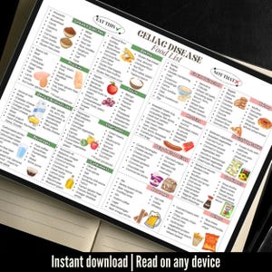 Op de afbeelding: Een digitale print met de titel "Celiac Disease Food List" met voedselcategorie&euml;n zoals "Eat This" en "Not That". De lijst bevat granen, eiwitten, fruit, groenten, zuivelalternatieven, dranken en kruiden. De onderkant van de afbeelding luidt "Instant download | Read on any device."