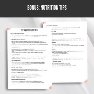May include: A nutrition guide with tips on eating healthy foods, including whole grains, fruits, vegetables, and healthy fats. The guide also includes tips on choosing dairy alternatives, staying hydrated, and managing inflammation.