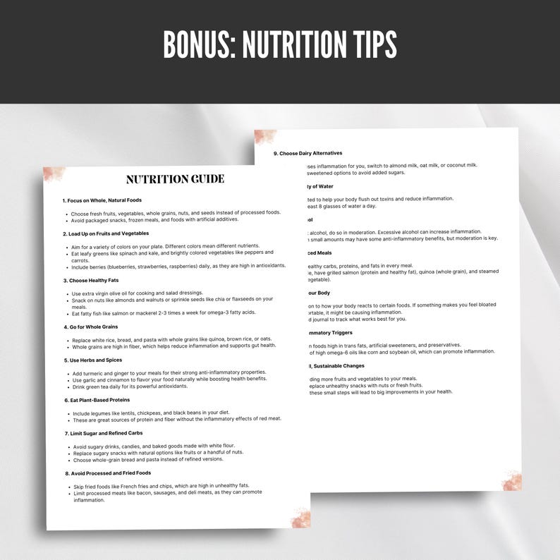May include: A nutrition guide with tips on eating healthy foods, including whole grains, fruits, vegetables, and healthy fats. The guide also includes tips on choosing dairy alternatives, staying hydrated, and managing inflammation.