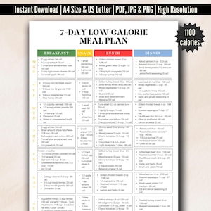 May include: A printable 7-day low calorie meal plan with 1100 calories per day. The meal plan includes breakfast, snack, lunch, and dinner options for each day of the week. The meal plan is designed to help people lose weight and eat healthy.