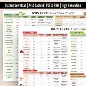 Tablas impresas de alimentos ricos en hierro (PDF), póster imprimible de la lista de alimentos ricos en hierro, nutrición para la deficiencia de hierro y el embarazo, apoyo dietético para la anemia