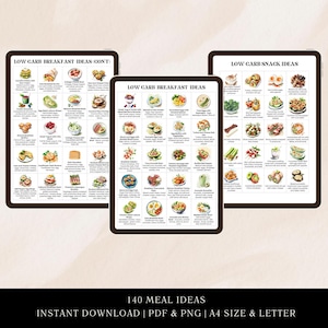 May include: A printable digital download of three charts with watercolor illustrations of low-carb meal ideas. The charts are titled "Low Carb Breakfast Ideas (Cont)", "Low Carb Breakfast Ideas", and "Low Carb Snack Ideas". The charts feature a grid of 36 squares each, with a different meal idea in each square. The text "140 Meal Ideas" and "Instant Download | PDF & PNG | A4 Size & Letter" is at the bottom of the page.