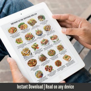 May include: A white tablet showing a colourful infographic titled "MENOPAUSE DINNER IDEAS." The infographic features illustrations of various healthy meal options. The text "Instant Download | Read on any device" is at the bottom.