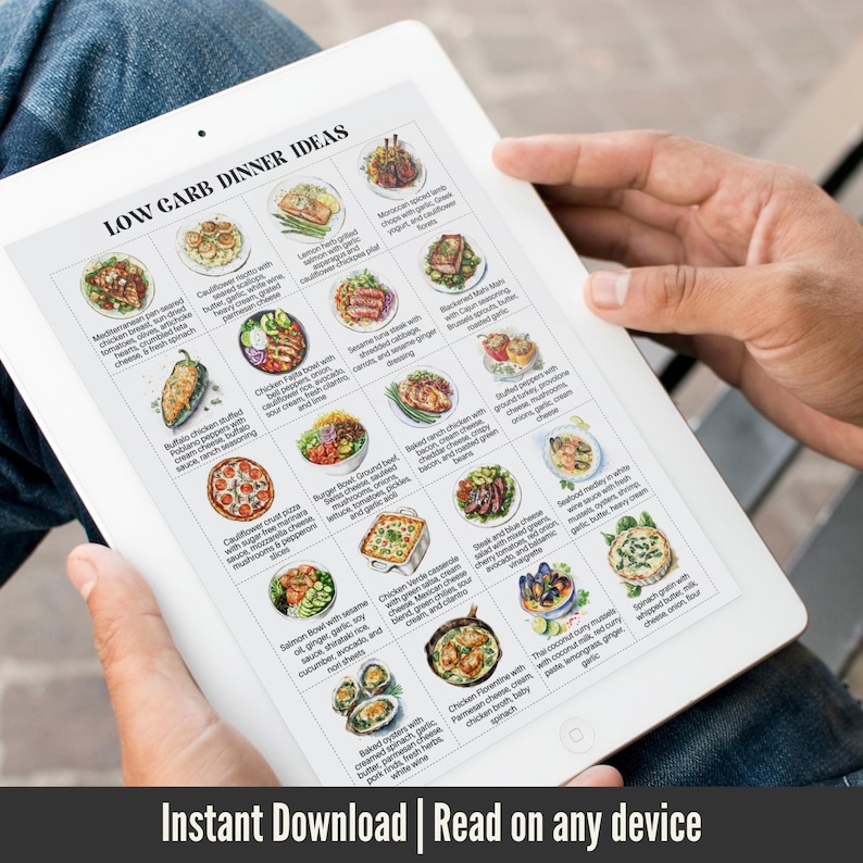 May include: A digital tablet displaying a colorful chart with 25 different low-carb dinner ideas. Each square features a watercolor illustration of a meal with a brief description of the ingredients. The chart is titled "Low Carb Dinner Ideas".