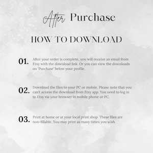 Pode incluir: Um guia de download digital com o texto "Ap&oacute;s a compra" e "Como baixar". As instru&ccedil;&otilde;es incluem o download de arquivos para um PC ou dispositivo m&oacute;vel e a impress&atilde;o em casa ou em uma gr&aacute;fica local. O fundo &eacute; uma lavagem de aquarela.