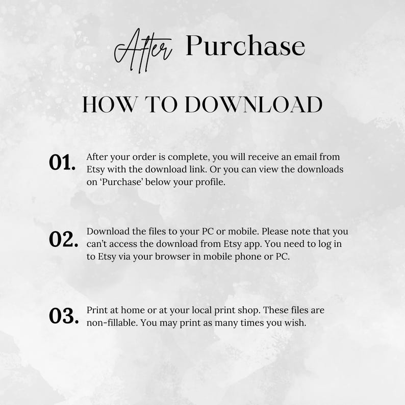 Pode incluir: Um guia de download digital com o texto "Ap&oacute;s a compra" e "Como baixar". As instru&ccedil;&otilde;es incluem o download de arquivos para um PC ou dispositivo m&oacute;vel e a impress&atilde;o em casa ou em uma gr&aacute;fica local. O fundo &eacute; uma lavagem de aquarela.