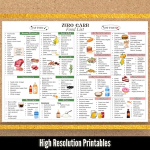May include: A printed food list titled "ZERO CARB" with sections for "Eat This" and "Not That." It includes lists of animal proteins, fats, oils, condiments, and beverages, with a section for "High Resolution Printables."