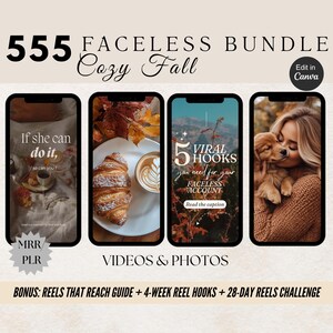 May include: A digital product bundle with 555 photos and videos for social media. The bundle includes a guide on creating reels that reach a wider audience, 4 weeks of reel hooks, and a 28-day reel challenge. The image shows three example photos: a quote about motivation, a croissant and coffee, and a woman holding a puppy.