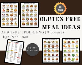 80 ideas de comidas sin gluten para un plan de alimentación sin gluten, plan de dieta imprimible para intolerantes al gluten, alimentos sin gluten, lista de la compra sin gluten para regalar
