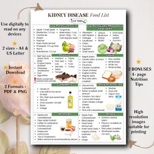 Pode incluir: Uma lista de alimentos imprim&iacute;vel para pessoas com doen&ccedil;a renal. A lista &eacute; dividida em categorias: Frutas com baixo teor de pot&aacute;ssio, Vegetais com baixo teor de pot&aacute;ssio e f&oacute;sforo, Prote&iacute;nas, Gr&atilde;os, Condimentos, Alternativas l&aacute;cteas, Bebidas e Outros. A lista inclui alimentos espec&iacute;ficos e tamanhos de por&ccedil;&otilde;es. O documento tamb&eacute;m inclui dois b&ocirc;nus: um guia de dicas nutricionais de 4 p&aacute;ginas e imagens de alta resolu&ccedil;&atilde;o adequadas para impress&atilde;o.