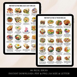 May include: Two digital tablets showing a meal plan with breakfast and lunch ideas for menopause. The tablets display colourful illustrations of various dishes, with text labels. The bottom of the image reads "80 MEAL IDEAS" and "INSTANT DOWNLOAD".
