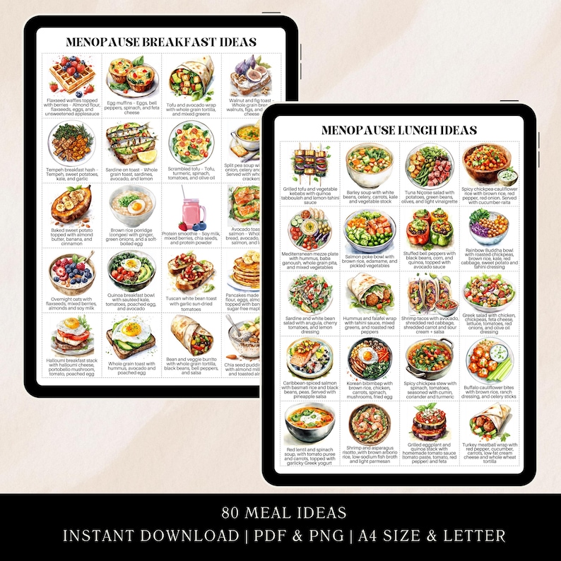 May include: Two digital tablets showing a meal plan with breakfast and lunch ideas for menopause. The tablets display colourful illustrations of various dishes, with text labels. The bottom of the image reads "80 MEAL IDEAS" and "INSTANT DOWNLOAD".