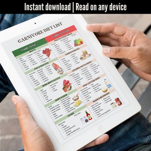 May include: A digital printable list of foods to eat and avoid on a carnivore diet. The list is divided into categories such as meats, fish and seafood, bone broth and fats, dairy and eggs, and other. The list also includes a section for fruits and vegetables, carbohydrates, legumes, nuts and seeds, high lactose dairy, and sugar and beverages.