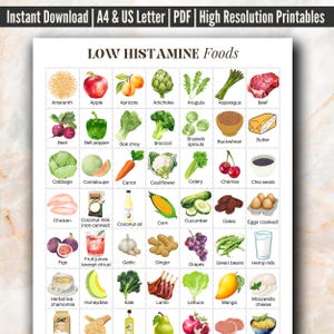 Low Histamine Foods Chart with Images | Histamine Intolerance Visual Reference Chart | Low Histamine Printable Food List | Instant Download