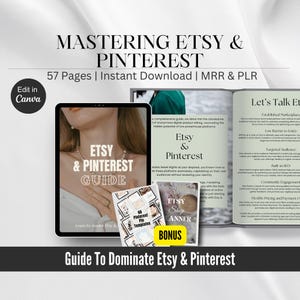 Op de afbeelding: Een digitale productgids met een roze en witte omslag waarop de handen van een vrouw een ring vasthouden. De gids heeft de titel "Etsy & Pinterest Guide" en bevat een bonusgedeelte. De gids is ontworpen om mensen te helpen Etsy en Pinterest te beheersen.