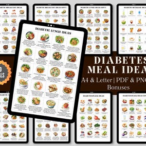 Peut inclure: Un guide numérique imprimable avec des illustrations à l'aquarelle de 180 idées de repas pour les personnes atteintes de diabète. Le guide comprend des idées de petit-déjeuner, de déjeuner, de collation et de boisson. Le titre du guide est "Diabetes Meal Ideas" et il comprend le texte "A4 & Letter | PDF & PNG | 4 Bonuses".
