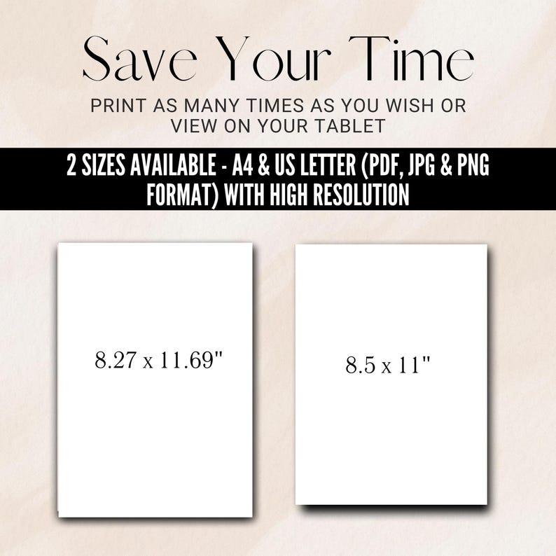 K&ouml;nnte beinhalten: Zwei druckbare Papierformate werden angezeigt: 8,27 x 11,69 Zoll und 8,5 x 11 Zoll. Der Text lautet "Save Your Time" und "2 Sizes Available - A4 & US Letter (PDF, JPG & PNG FORMAT) WITH HIGH RESOLUTION".