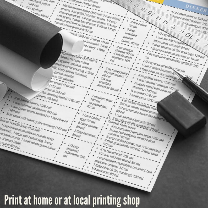 May include: A close-up of a black and white printed sheet with a calorie count for various foods. The sheet is divided into columns with different food categories, such as dinner, breakfast, and snacks. Each food item is listed with its calorie count and a brief description.