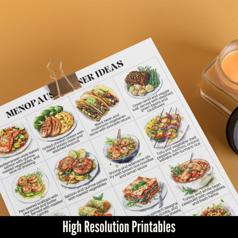 May include: A printed sheet featuring illustrated dinner ideas, such as tacos, salmon, and lasagna, held by a gold binder clip. The text at the bottom reads "High Resolution Printables". The word "MENOPAUSE" is at the top.