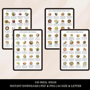 May include: Four printable sheets with watercolor illustrations of low carb lunch and dinner meal ideas. Each sheet has a title, "Low Carb Lunch Ideas" or "Low Carb Dinner Ideas", and lists 36 different meal ideas with ingredients.