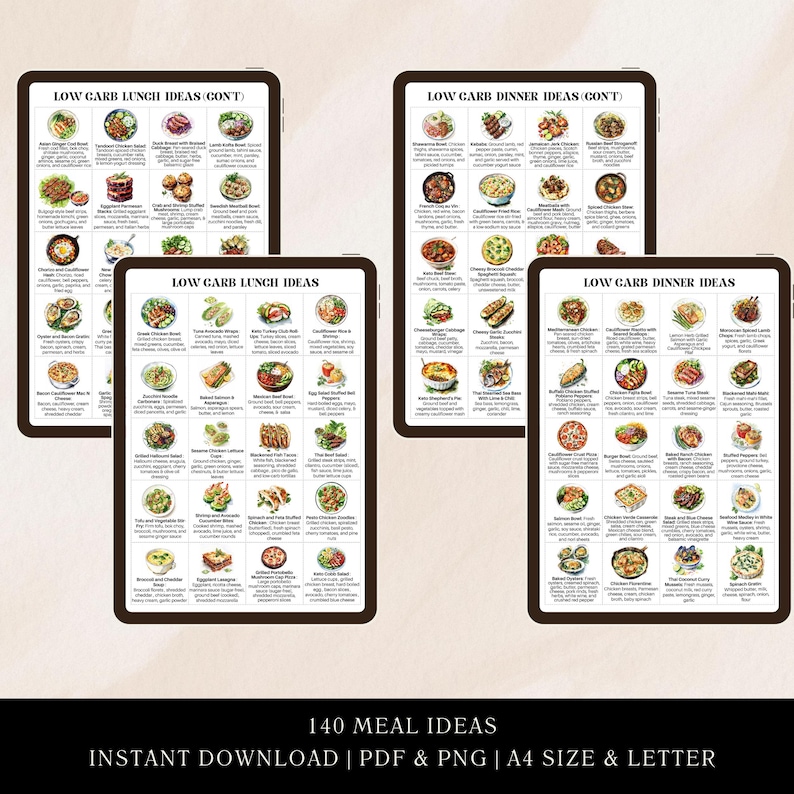 May include: Four printable sheets with watercolor illustrations of low carb lunch and dinner meal ideas. Each sheet has a title, "Low Carb Lunch Ideas" or "Low Carb Dinner Ideas", and lists 36 different meal ideas with ingredients.