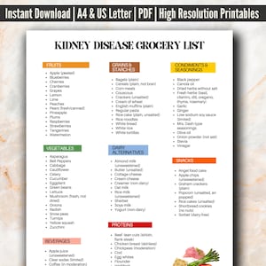 Op de afbeelding: Een afdrukbare boodschappenlijst voor mensen met nierziekte. De lijst is ingedeeld in categorieën zoals fruit, groenten, granen, zuivelalternatieven, eiwitten, kruiden, snacks en dranken. Direct downloadbaar in A4- en US Letter-formaten.