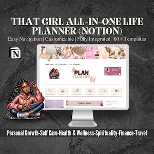 May include: A computer screen displaying a website for a Notion-based life planner called "That Girl All-In-One Life Planner". The website features a pink and green color scheme and includes sections for personal growth, self-care, health and wellness, spirituality, finance, and travel. The text "Plan Your Life" is displayed in a large, bold font.